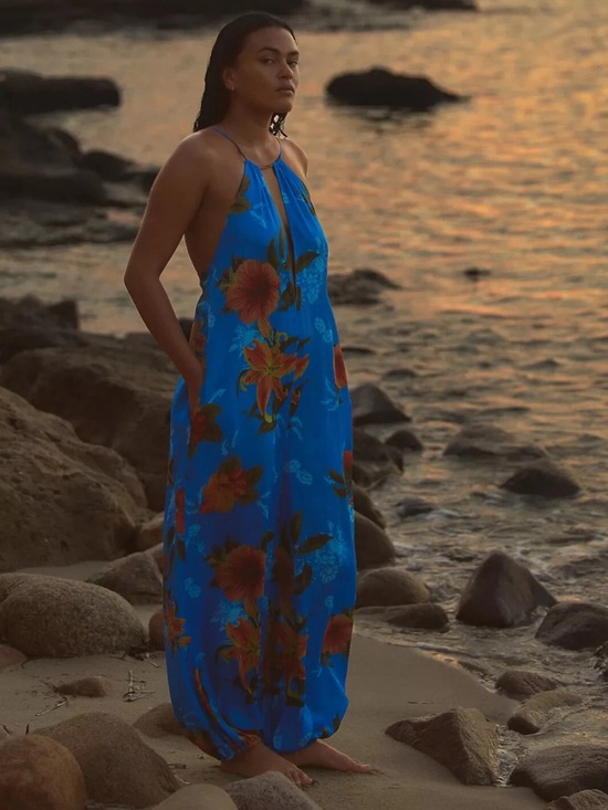 Anthropologie Pants - NWT Anthropologie Plunged Relaxed Fit Blue Floral Halter Jumpsuit Women’s Small